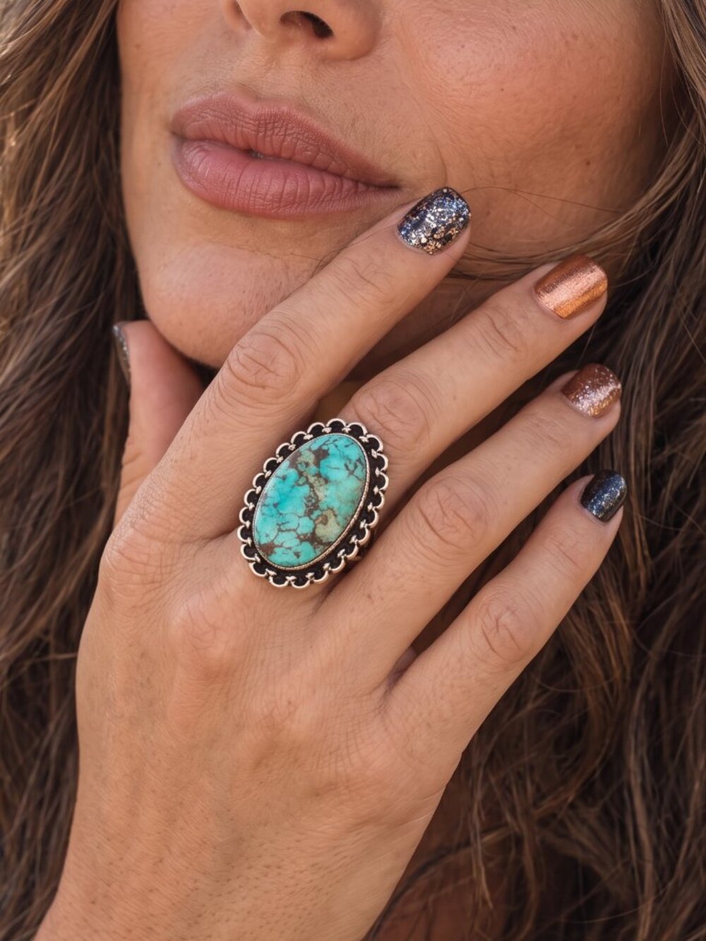 925 Sterling Silver Genuine Turquoise Oval Cabochon Beaded Bezel Ring Sz 8.5